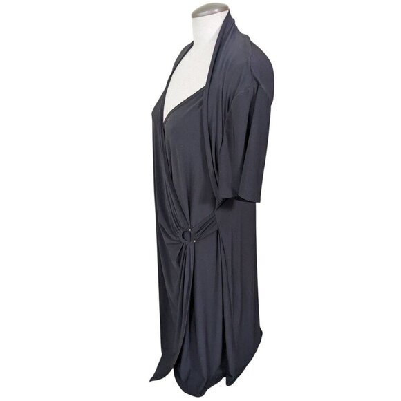 Vintage Womens Plus Size 22 Faux Wrap Dress Solid All Black Short Sleeve Ruched - Picture 4 of 7